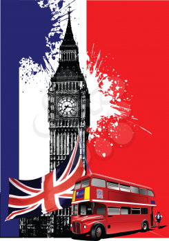 Royalty Free Clipart Image of Big Ben, a Double Decker Bus and the Union Jack on a Red White and Blue Background