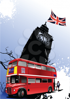 Royalty Free Clipart Image of a London Tower Flying the Union Jack and a Double Decker Bus in Front