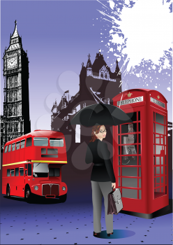 Royalty Free Clipart Image of a London Scene With a Booth, Bus and Woman