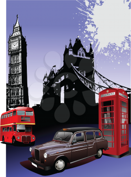 Royalty Free Clipart Image of Big Ben, London Bridge, a Phone Booth, Double Decker Bus and a Taxi