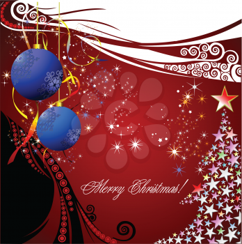 Royalty Free Clipart Image of a Red Christmas Greeting With Blue Ornaments