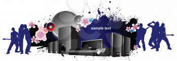 Royalty Free Clipart Image of Blue Silhouette Musicians With Speakers in the Middle
