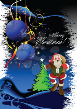 Royalty Free Clipart Image of a Christmas Greeting With Ornaments and Santa By a Tree