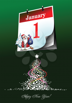 Royalty Free Clipart Image of a New Year's Calendar Above a Christmas Tree