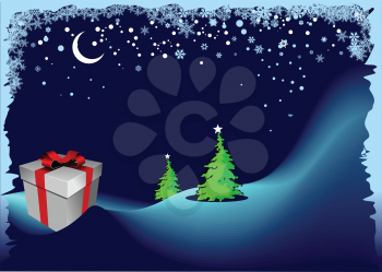 Royalty Free Clipart Image of a Christmas Tree and a Package in a Winter Scene