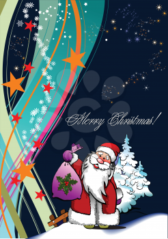 Royalty Free Clipart Image of a Merry Christmas Greeting With Santa and Snow Covered Trees