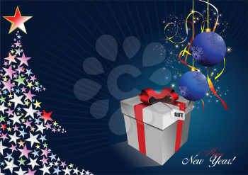 Royalty Free Clipart Image of a Happy New Year With a Tree and Ornaments and a Box