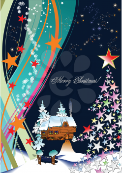 Royalty Free Clipart Image of Merry Christmas With a Tree and Santa's Workshop