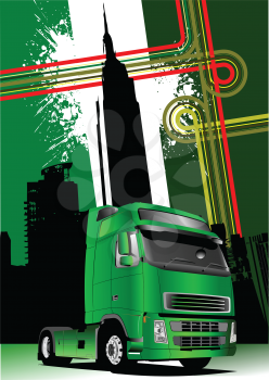 Royalty Free Clipart Image of a Truck With a City Background