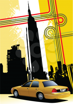 Royalty Free Clipart Image of the New York Skyline and a Yellow Cab
