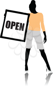 Royalty Free Clipart Image of a Woman Holding a Board With the Word Open