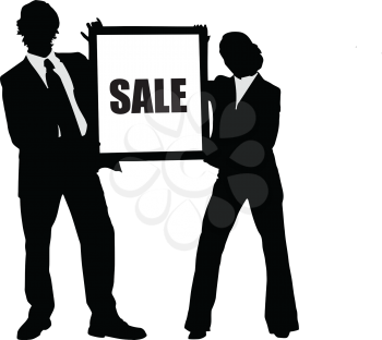 Royalty Free Clipart Image of Two People Holding a Sale Sign
