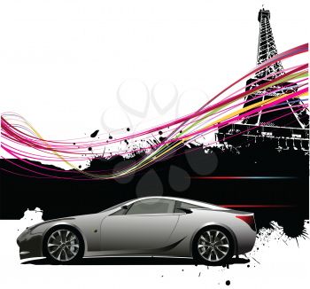Royalty Free Clipart Image of a Paris Background With a Luxury Car
