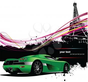 Royalty Free Clipart Image of a Car With the Eiffel Tower in the Background