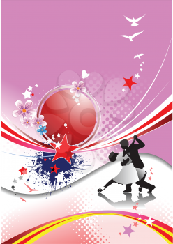 Royalty Free Clipart Image of a Couple Dancing on a Pink Background