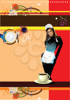 Royalty Free Clipart Image of a Restaurant Server Behind a Cup of Coffee With a Plate to the Side