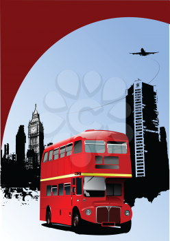 Royalty Free Clipart Image of an English Bus in Front of Buildings and a Plane Overhead