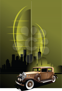 Royalty Free Clipart Image of an Antique Auto Against a Modern City Backdrop