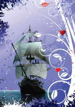 Royalty Free Clipart Image of a Tall Ship With a Mouth and Hearts