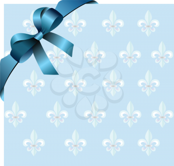 Royalty Free Clipart Image of a Blue Background With a Royal Lily Design and a Blue Bow in the Corner