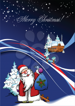 Royalty Free Clipart Image of a Merry Christmas Greeting With Santa and His Workshop