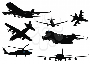 Royalty Free Clipart Image of Seven Airplane Silhouettes