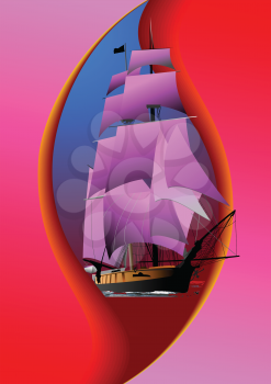 Royalty Free Clipart Image of a Ship With Pink Sails