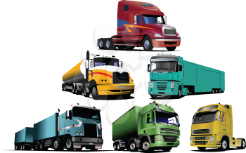 Royalty Free Clipart Image of a Collection of Six Trucks