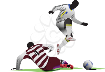 Royalty Free Clipart Image of Soccer Players, One Down, One Jumping