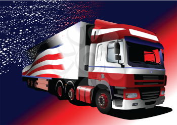 Royalty Free Clipart Image of a Truck With an American Flag on It