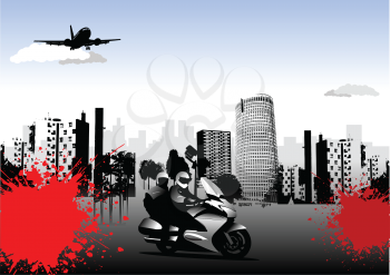 Royalty Free Clipart Image of an Urban Background With a Motorcycle and an Airplane