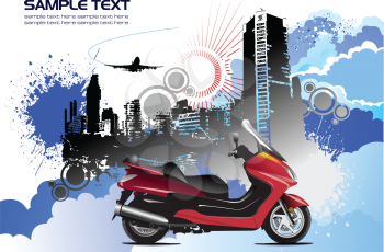 Royalty Free Clipart Image of an Urban Background Behind a Motorcycle