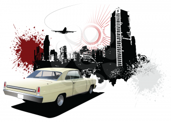 Royalty Free Clipart Image of an Urban Background With a Vintage Car