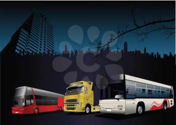 Royalty Free Clipart Image of Buses and a Truck Against an Urban Background