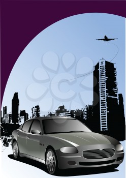 Royalty Free Clipart Image of an Urban Background With a Grey Car and Plane