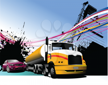 Royalty Free Clipart Image of a Truck and Car on an Urban Background