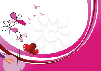 Royalty Free Clipart Image of a Flower, Heart, Bird Background With a Mouth in the Bottom Corner