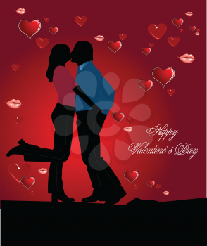 Royalty Free Clipart Image of a Kissing Couple On a Happy Valentine's Day Greeting