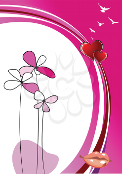 Royalty Free Clipart Image of a Romantic Background With Flowers, Birds, a Heart and Lips