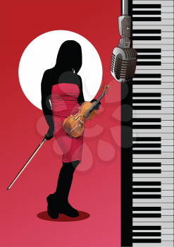 Royalty Free Clipart Image of a Female Violinist in Silhouette Next to a Keyboard and Microphone