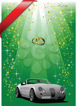 Royalty Free Clipart Image of a Convertible on a Background With Wedding Rings Above and a Red Ribbon in the Corner