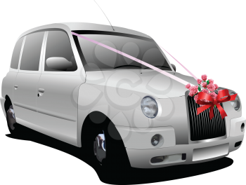 Royalty Free Clipart Image of a Car With a Bow on the Front