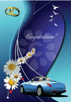 Royalty Free Clipart Image of a Wedding Card With a Car, Flowers, Rings and Birds