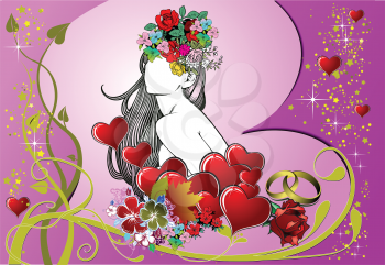 Royalty Free Clipart Image of a Woman In Hearts With Flowers in Her Hair