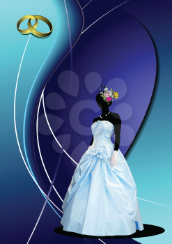 Royalty Free Clipart Image of a Woman in a Wedding Gown and Rings in the Top Corner