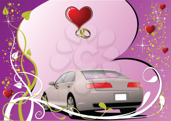 Royalty Free Clipart Image of a Pink Car Under Wedding Rings