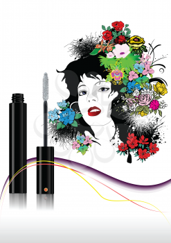 Royalty Free Clipart Image of a Woman's Face With Flowers in Her Hair With Mascara