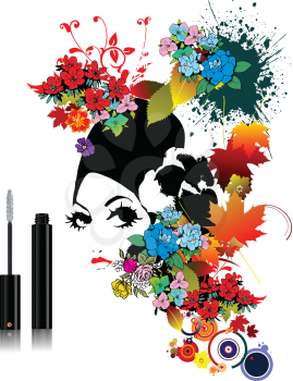 Royalty Free Clipart Image of a Woman With Flowers Around Her Head and Mascara to the Side
