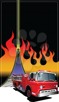 Royalty Free Clipart Image of a Firetruck Coming Through a Flaming Zipper