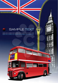 Royalty Free Clipart Image of a Zipper Opening on an English Flag with a Double Decker Bus and Big Ben in the Foreground